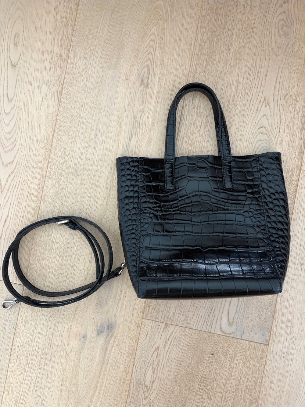 Black Croc-Embossed Mini Tote Bag with Detachable Strap